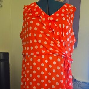 Orange And White Polka Dot Ruffle Sleevless Dress